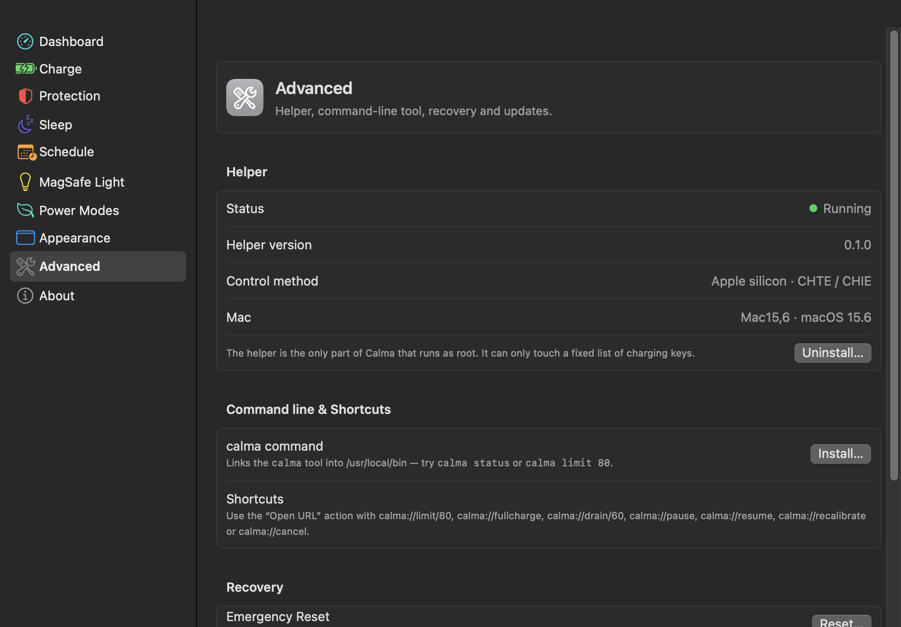 Advanced settings with helper status, CLI install and Emergency Reset
