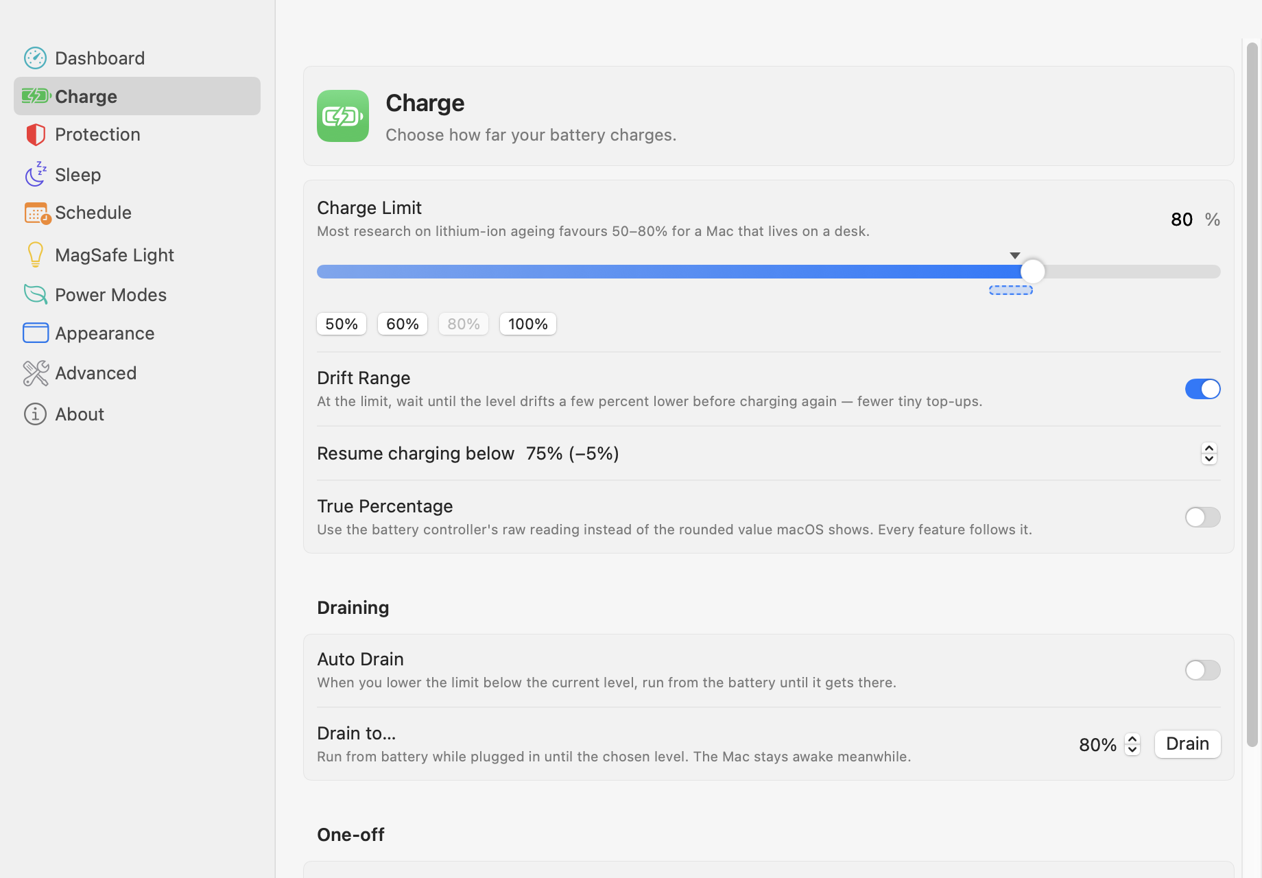 Charge settings with the charge limit slider, Drift Range and Auto Drain toggles