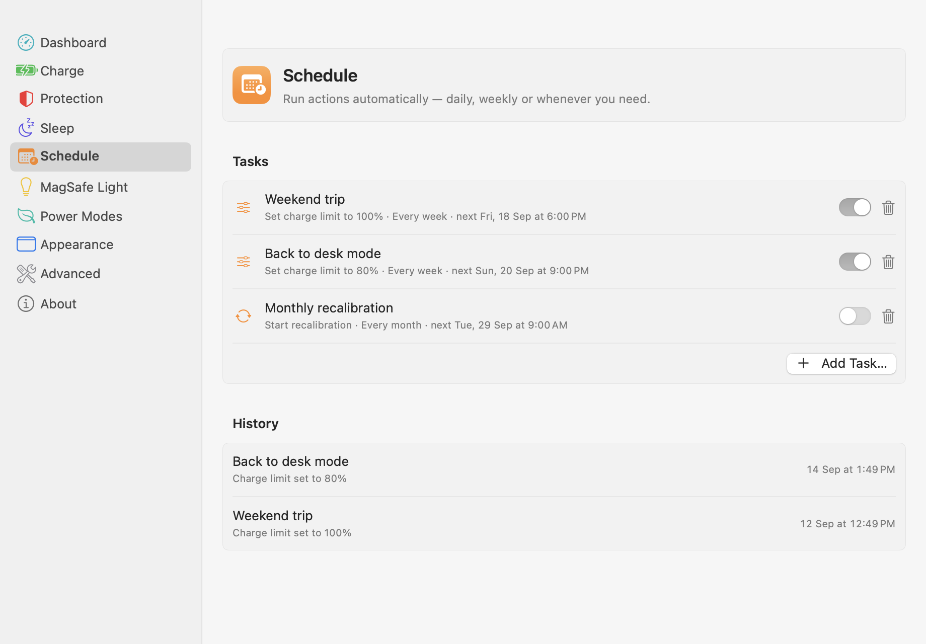 Schedule list with repeating tasks and run history